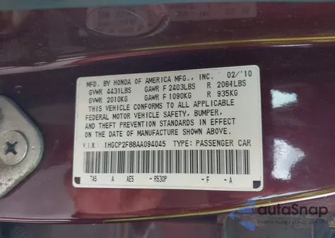 2010 Honda Accord 2.4 Ex-L from USA, damaged, VIN 1HGCP2F88AA094045